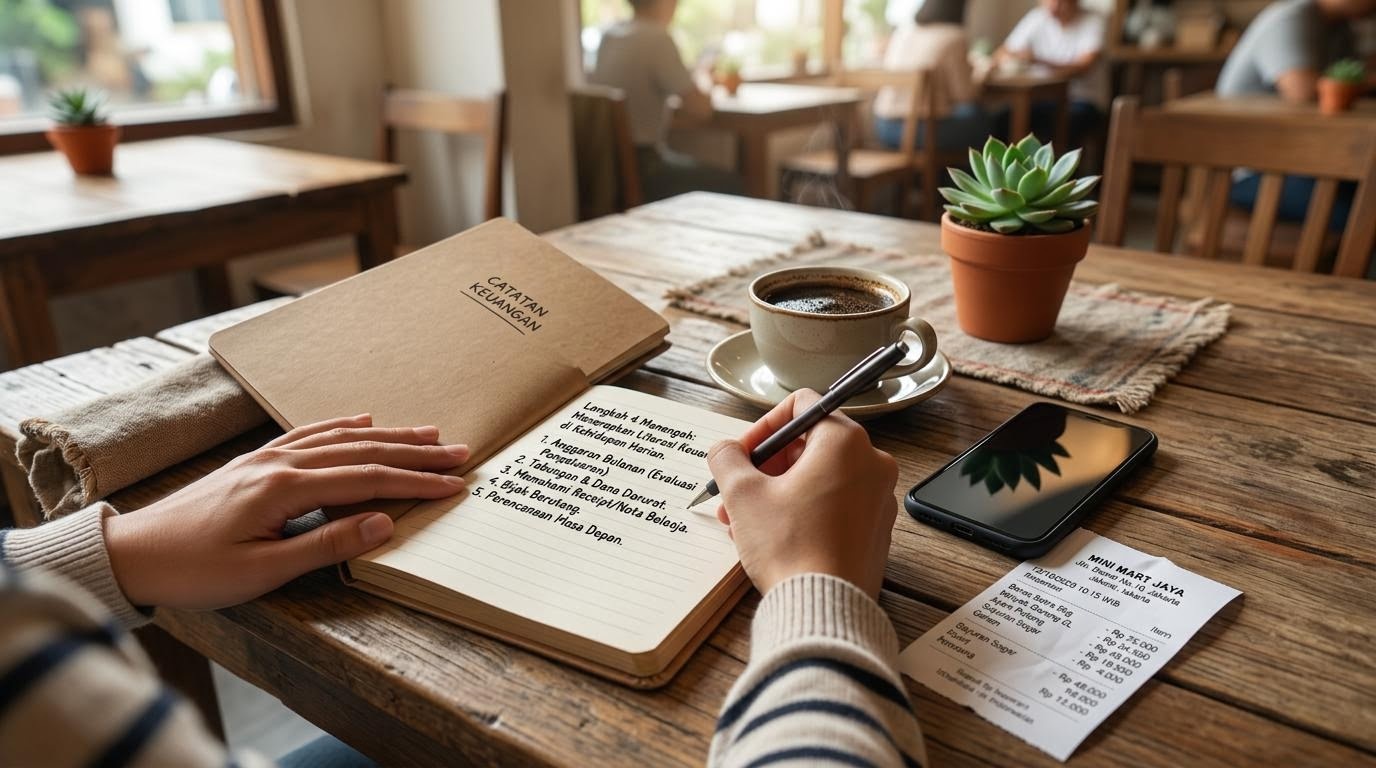 Seseorang menulis catatan literasi keuangan di buku bersampul cokelat di meja kopi.