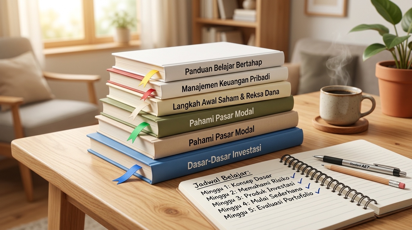 Tumpukan buku pelajaran investasi dasar dengan pita penanda bab di meja belajar.