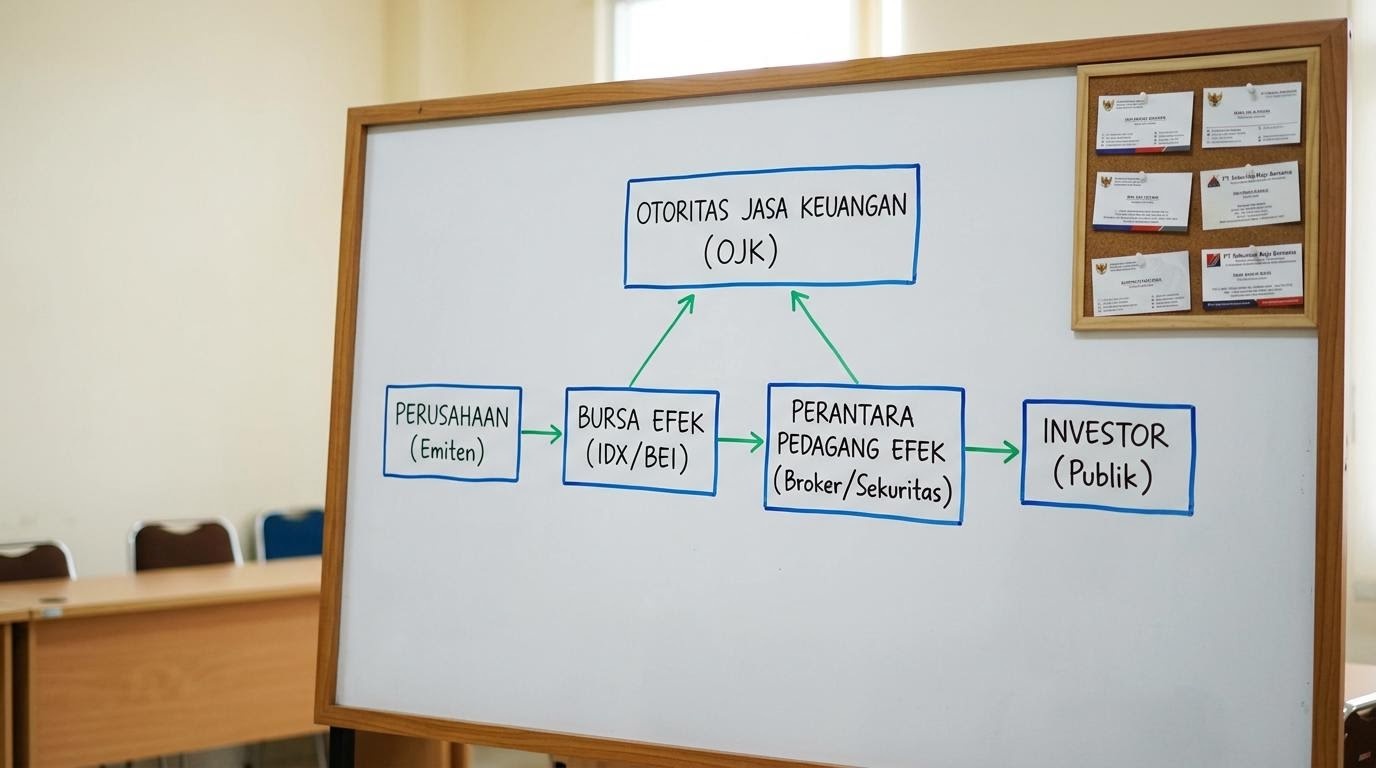 Papan tulis menjelaskan struktur dasar bursa efek Indonesia dengan kotak dan tanda panah.