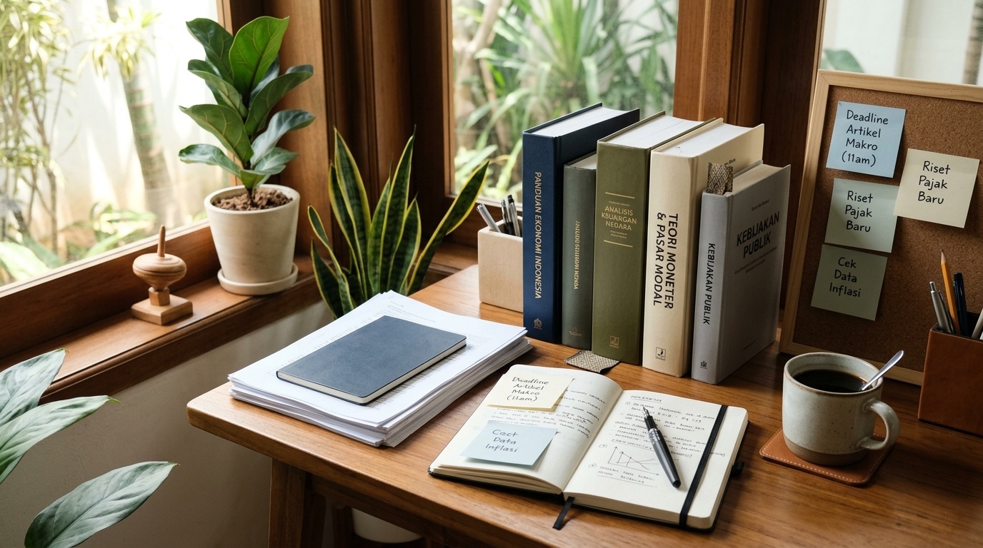 Meja redaksi dengan buku-buku rujukan keuangan, Sticky Note, dan secangkir kopi di pagi hari.